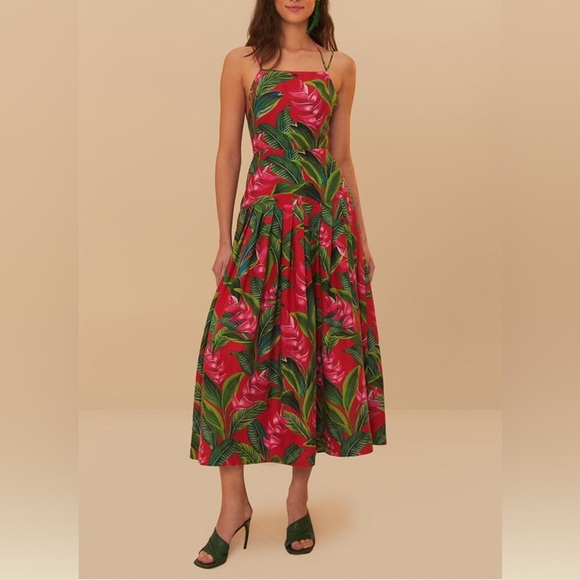 FARM RIO Square Neck Midi Dress in Linen Blend - Red B1353 - Picture 1 of 7